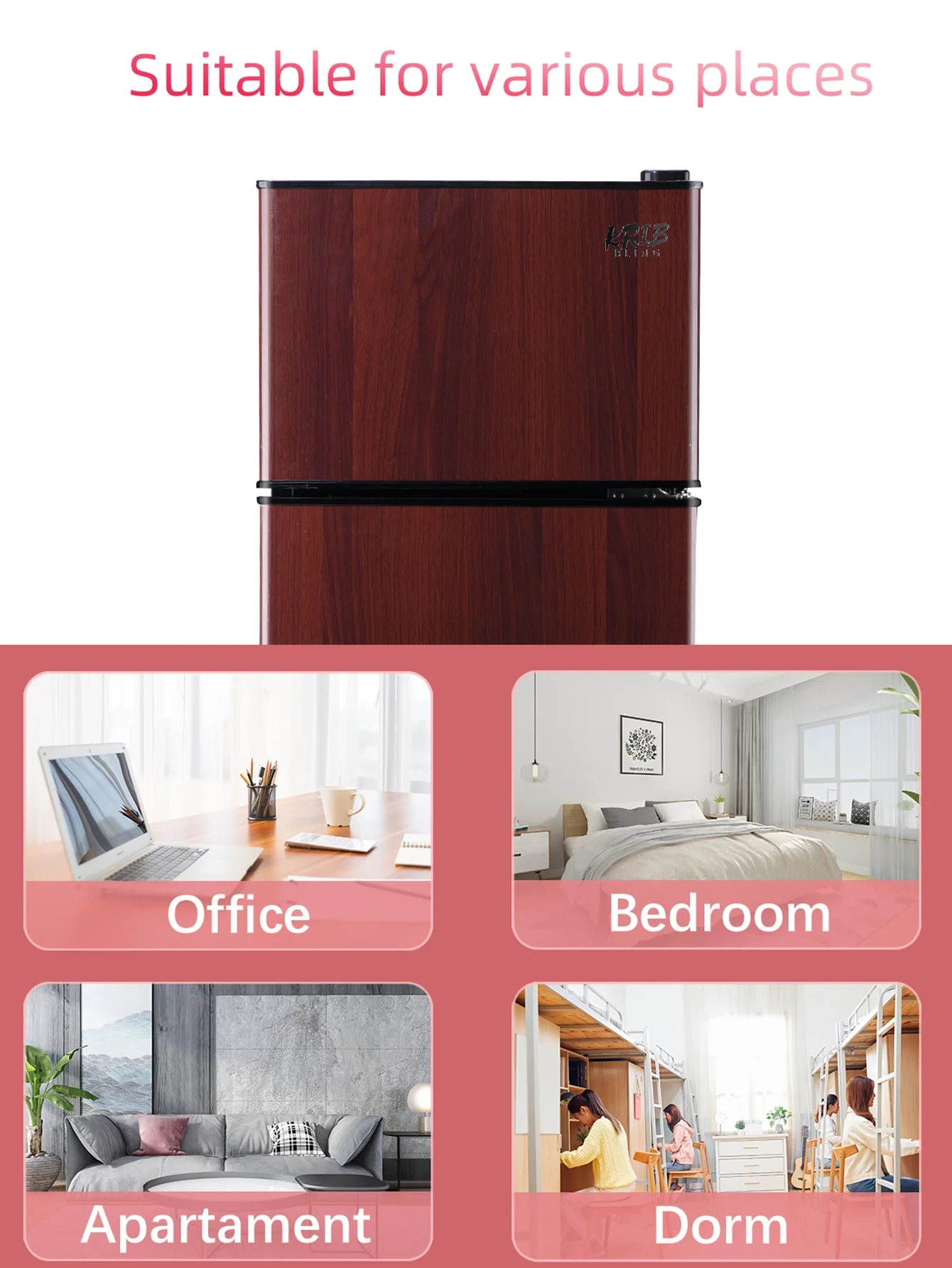 KRIB BLING 3.5 Cu.ft Mini Fridge with 7 Level Thermostat, Compact Refrigerator with Freezer on Top, Ideal for Dorm, Office, Brownwood