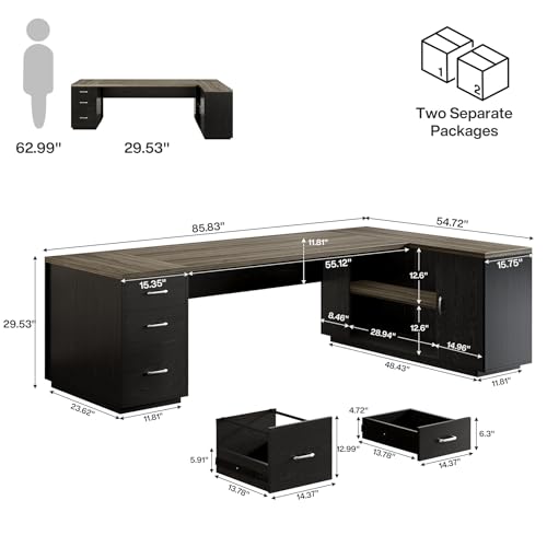 Tribesigns 85.8-Inch L-Shaped Executive Desk with File Drawers, Door Cabinet & Shelves, Extra Large Commercial Office Desk, Modern Professional Office Table, White & Brown Business Furniture