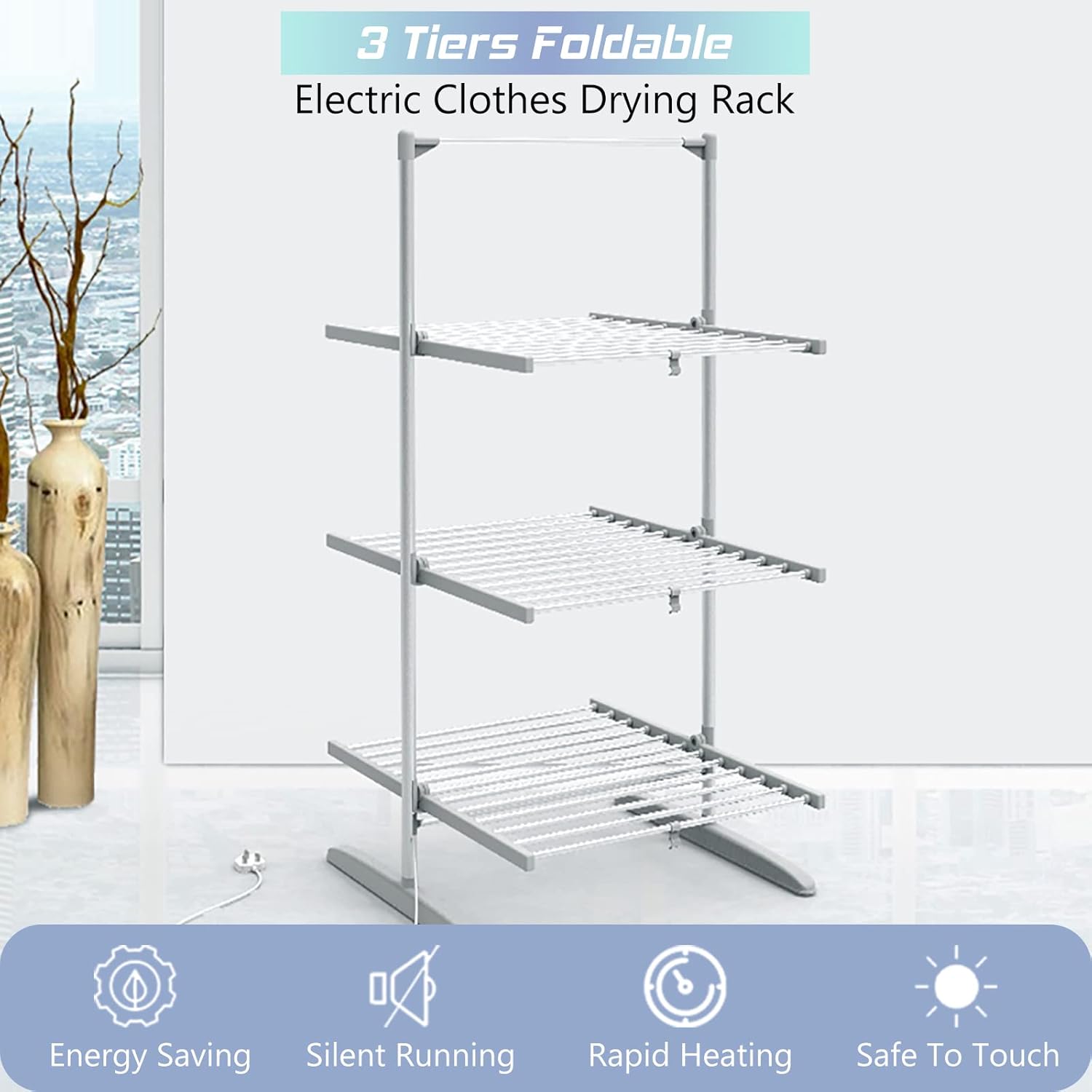 Heated Drying Rack Folding Electric Clothes Drying Rack Collapsible Laundry Drying Rack Free-Standing Heating Garment Dryer Towel Rail Space Saving for Home Indoor Outdoor