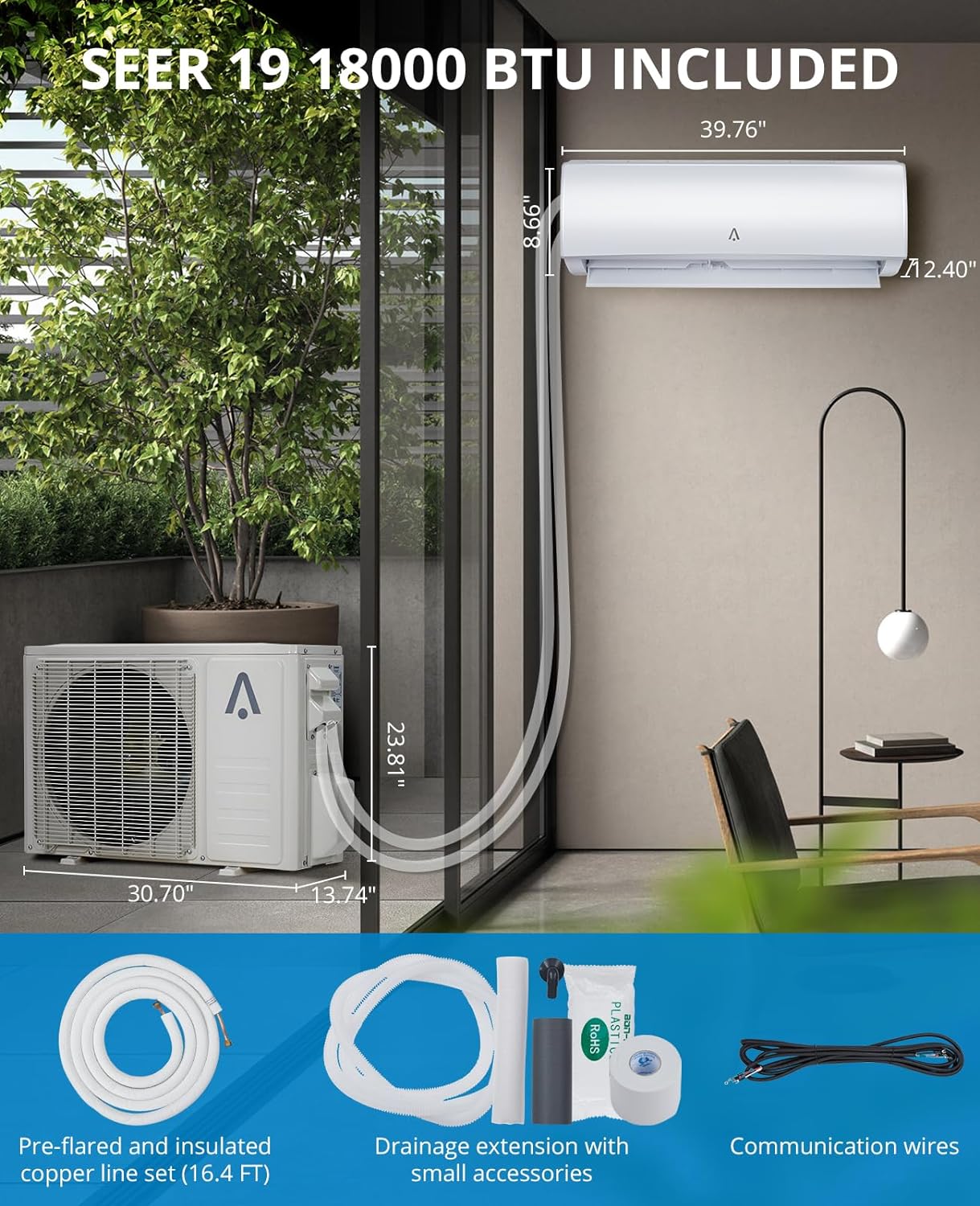 18000 BTU Smart Mini Split AC/Heating System 19 SEER Split Inverter Air Conditioner with Pre-Charged Heat Pump & Installation Kit, WIFI and Remote Control, Cool Room up to 1250 Sq. Ft, 208/230V