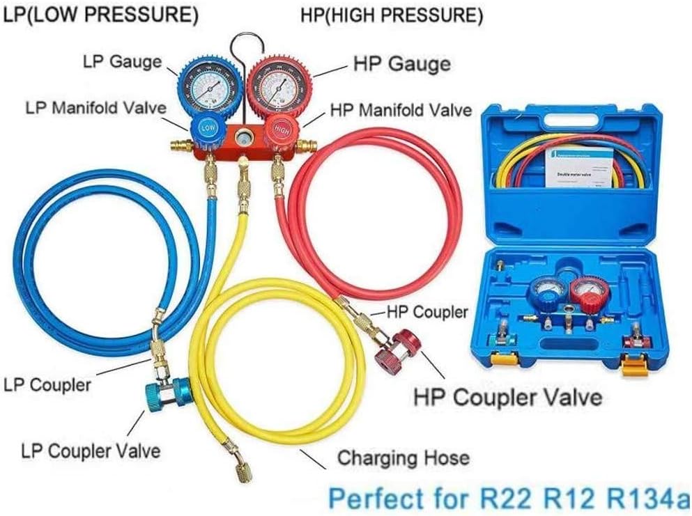 NewPosition 4CFM 1/3HP Air Vacuum Pump HVAC A/C Refrigeration Tool Kit AC with Leak Detector, Auto Repair Equipment, Manifold Gauge Set(R134A R22), 3 Hoses, Ideal for Food Packaging,Milking,Medical et