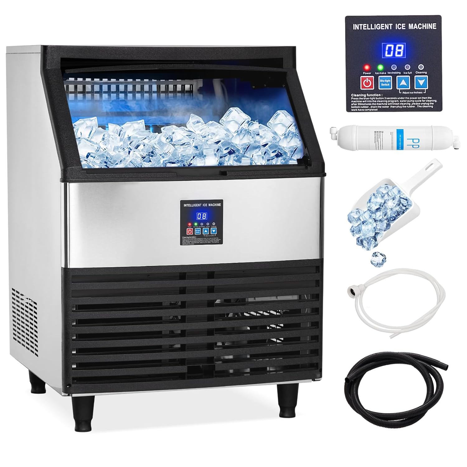 Upgraded Commercial Ice Maker Machine, 300Lbs/24h with 100lbs Storage Bin/Ice Scoop/Blue Light, Freestanding Ice Machine for Home, Restaurants, Bars, 500W