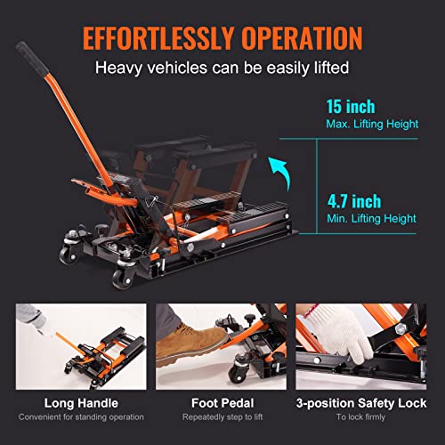 VEVOR Hydraulic Motorcycle Lift Jack 1500 LBS Capacity ATV Scissor Lift Jack Portable Motorcycle Lift Table with 4 Wheels Hydraulic Foot-Operated Hoist Stand for Motorcycle ATV UTV Powersports