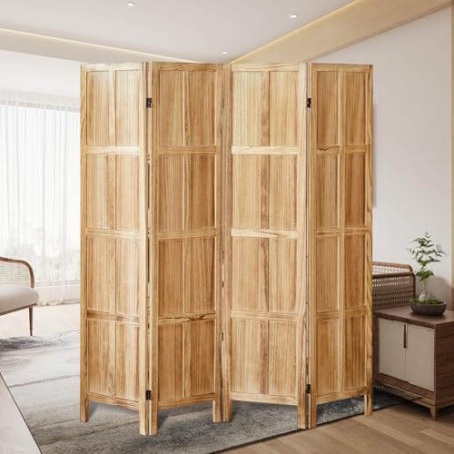 Wood Room Divider 4 Panel, 5.6 FT Tall Room Divider and Folding Privacy Screen, Partition Divider for Room Separation, Wooden Wall Divider Screen for Home Office Bedroom (Retro White)
