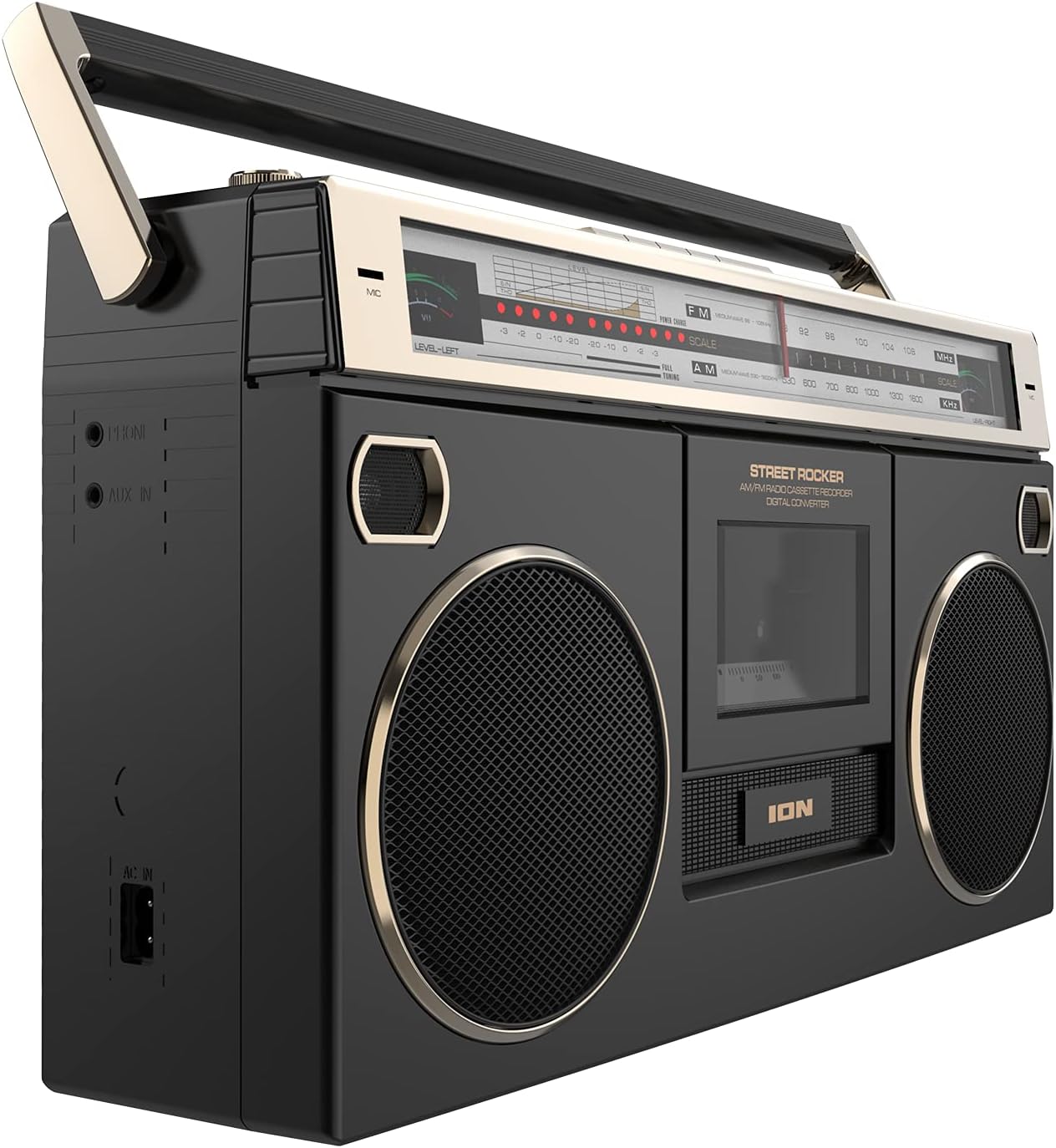 Ion Audio 1980S-Style Portable Bluetooth Boombox AM/FM Radio Cassette Player Recorder, VU Meters, USB Recording, Dual Full-Range High Bass Speakers (Gold Edition)