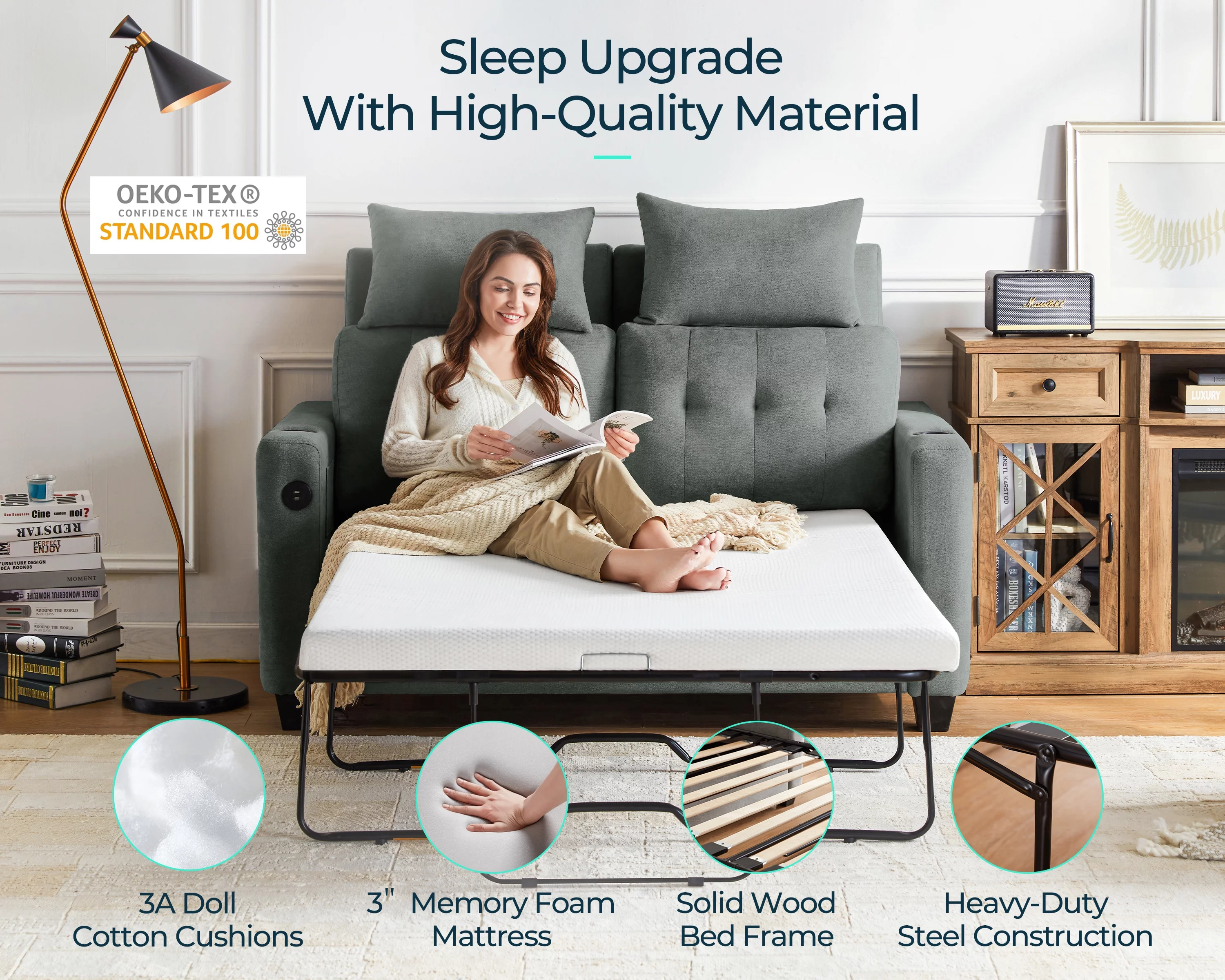 LINSY HOME Full Pull Out Sofa Bed, 2-in-1 Convertible Sleeper Couch with Memory Foam Mattress, Two Seat Loveseat Sleeper Sofa Bed for Living Room, Dark Grey