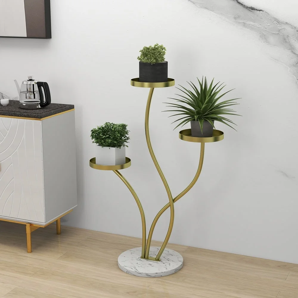 Homary Modern Tall Metal Plant Stand Indoor 3 Tier Corner Planter in Gold