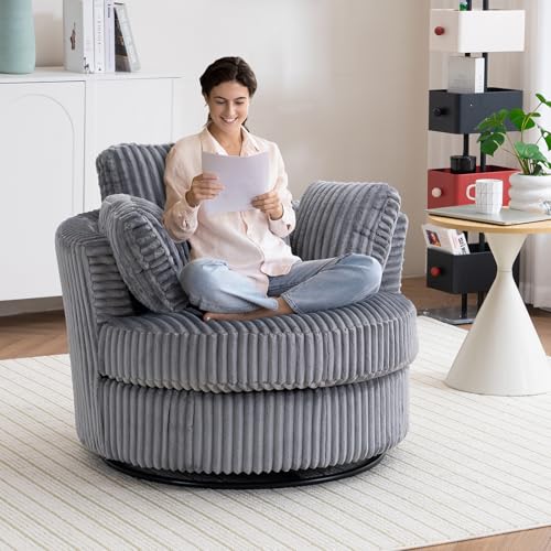 Chair and A Half with Ottoman, 360° Swivel Accent Barrel Chair Modern Comfy Round Reading Sofa Swivel Chairs Circle Lounge Chair for Bedroom Living Room w/4 Pillow Lower Seating Heigh (White, Large)