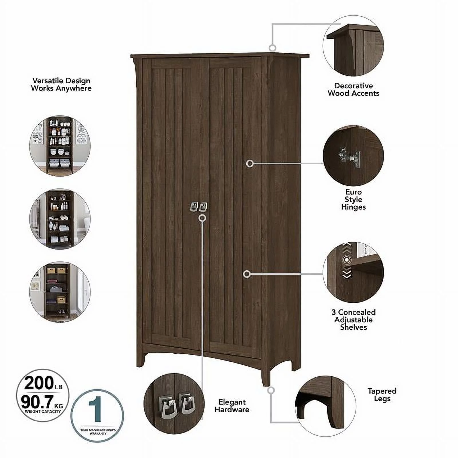 Pemberly Row Kitchen Pantry Cabinet with Doors in Ash Brown - Engineered Wood