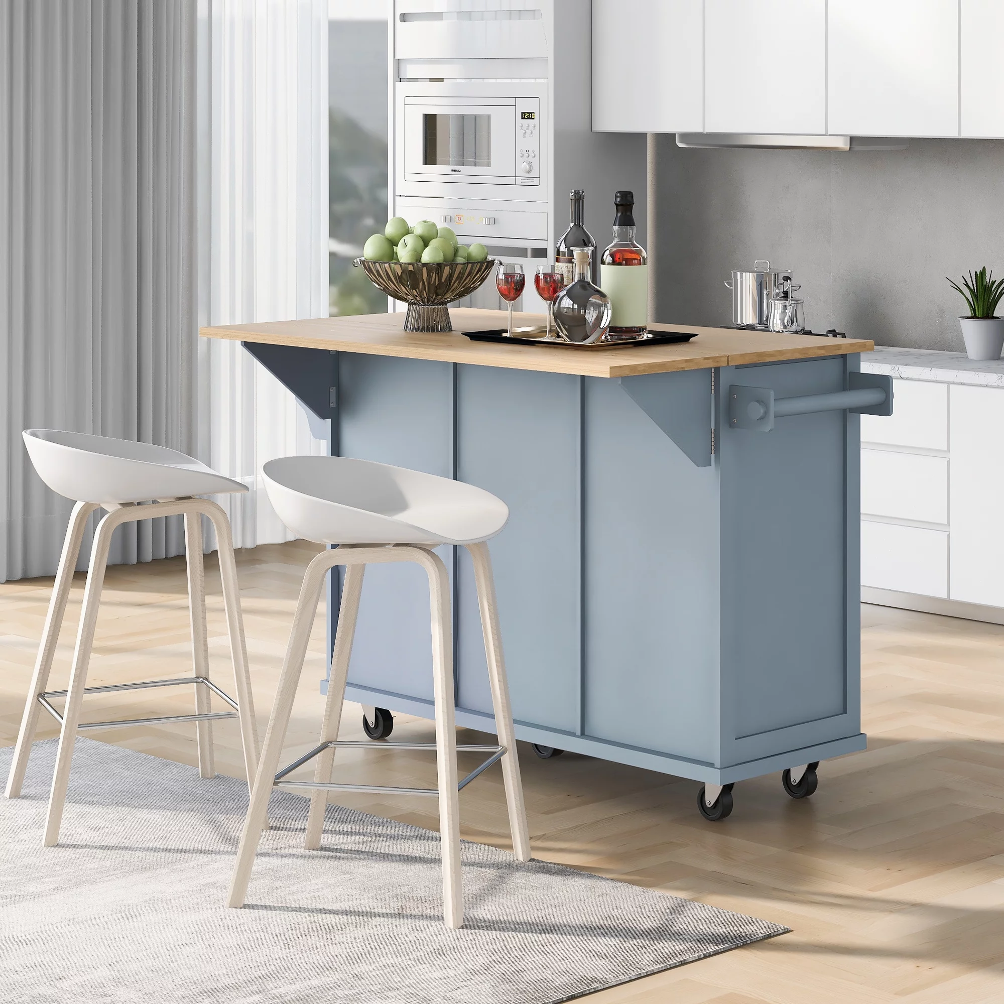 Churanty Kitchen Island with Drop Leaf and Wheels Rolling Kitchen Cart with Storage and Cabinet and 3 Drawers for Dining Room,Blue - Curated Treasures Market