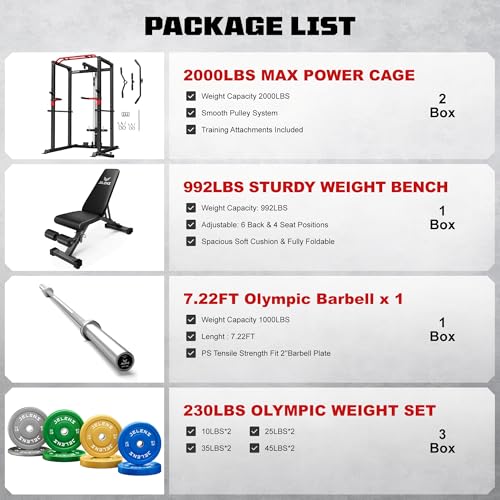 Power Cage, 2000LBS Multi-Function S11 Power Rack with LAT Pulldown, Squat Rack with Adjustable Pulley System and More Training Attachments, Weight Workout Machine for Home Gym