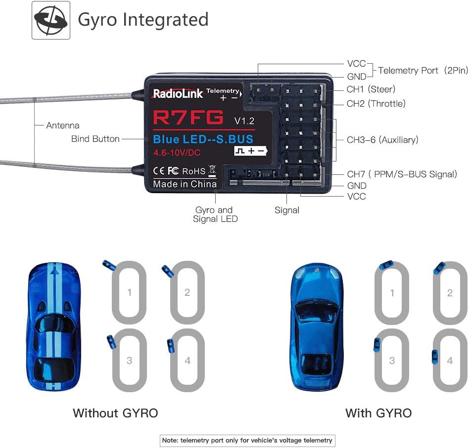 Radiolink RC6GS V2 6CH RC Transmitter and Receiver R7FG 2.4g Gyro and Two-Way Transmission Telemetry Receiver Radio Remote Controller for RC Crawler Cars Boats (600m)