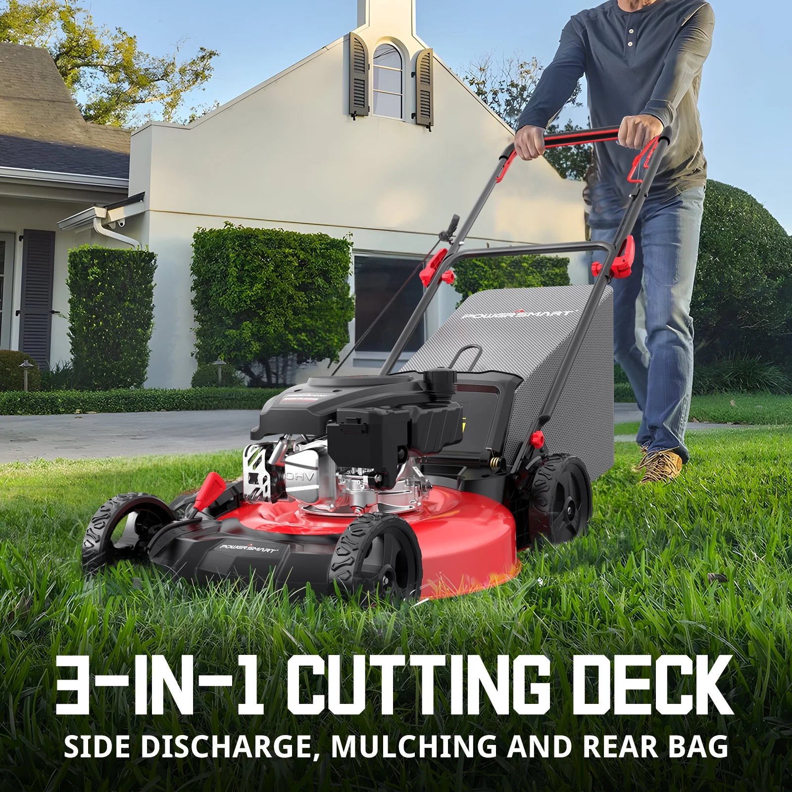 PowerSmart Gas Lawn Mower, 170cc Self-Propelled, 21 inches Cutting Blade, Quick Fold & Unfold Design