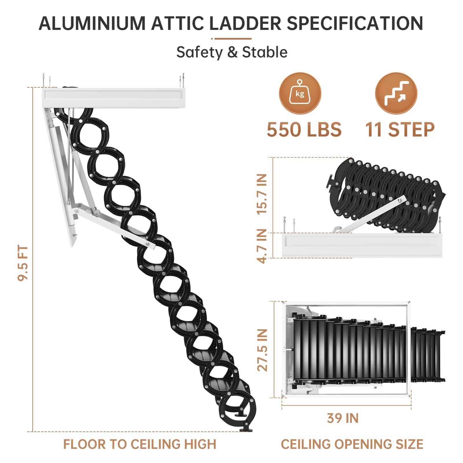 TOPTENG 11 Steps Electric Ceiling Ladder electirc Attic Wall Ladder  Stairs Aluminum Folding Ladder Pull Down 9.5ft Ladder with Remote for loft Home