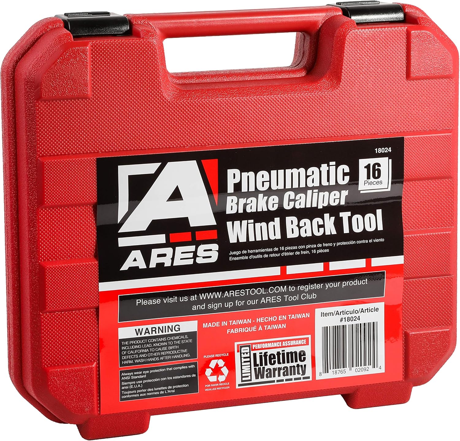 ARES 18024-16-Piece Brake Caliper Wind Back Tool Set - Pneumatic Design for Easy One-Person Use - Includes Compressor Tool, 15 Drive Key Disc Adapters - Storage Case Included