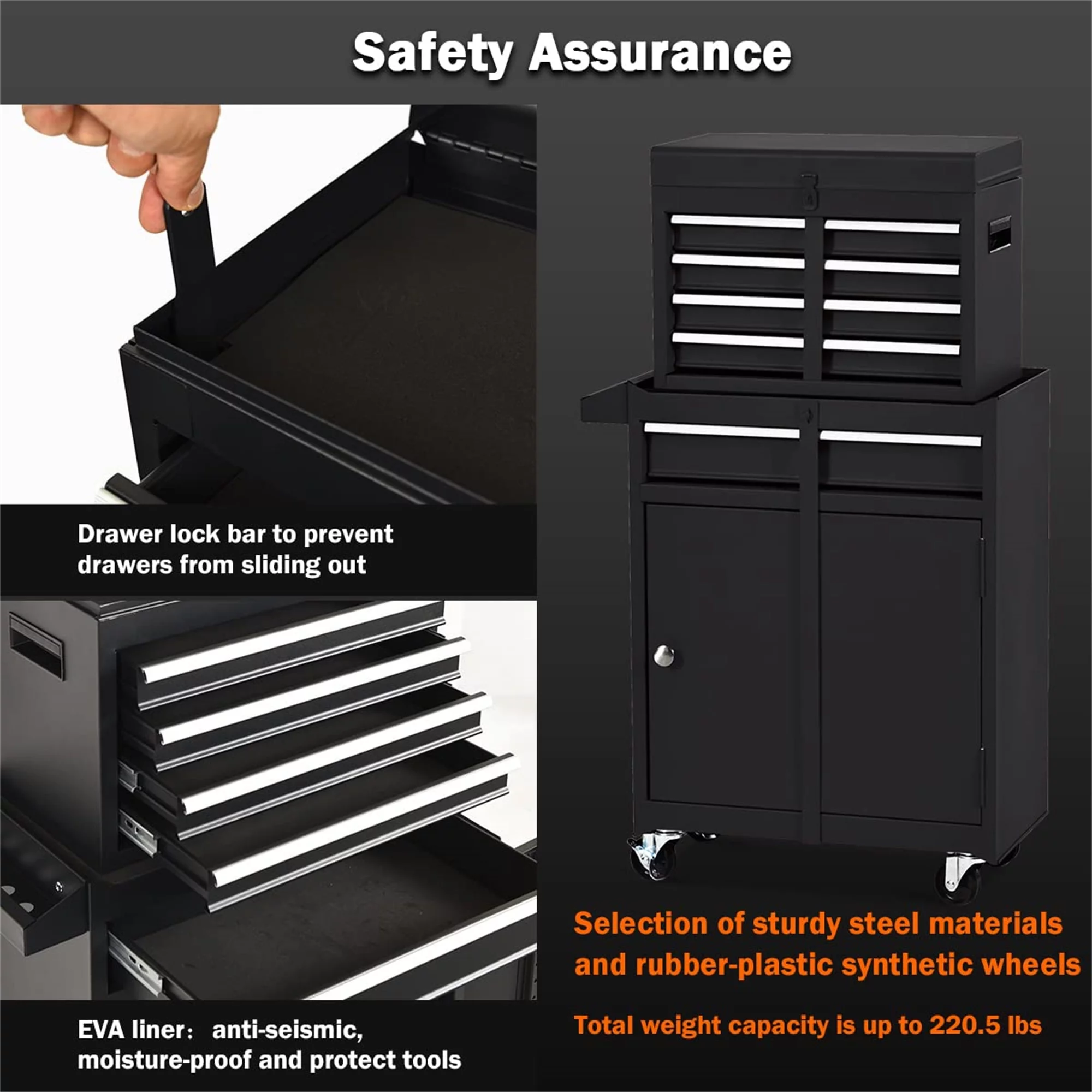 Aukfa Tool Chest, 2 in 1 Steel Rolling Tool Box & Cabinet On Wheels for Garage, 8-Drawer, Blue