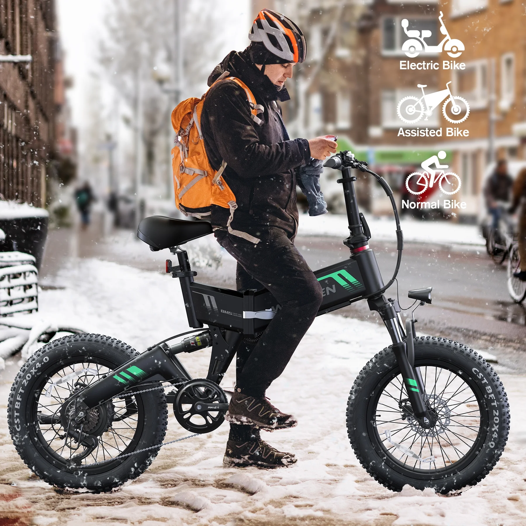 Wooken Electric Bike, 20''X4.0 Fat Tire Electric Bike for Adults, 500W 20MPH Foldable Electric Bicycle with 48V 10Ah Built-in Battery, Shimano 7 Speed Wheels Electric Bike, Dual Shock Absorber