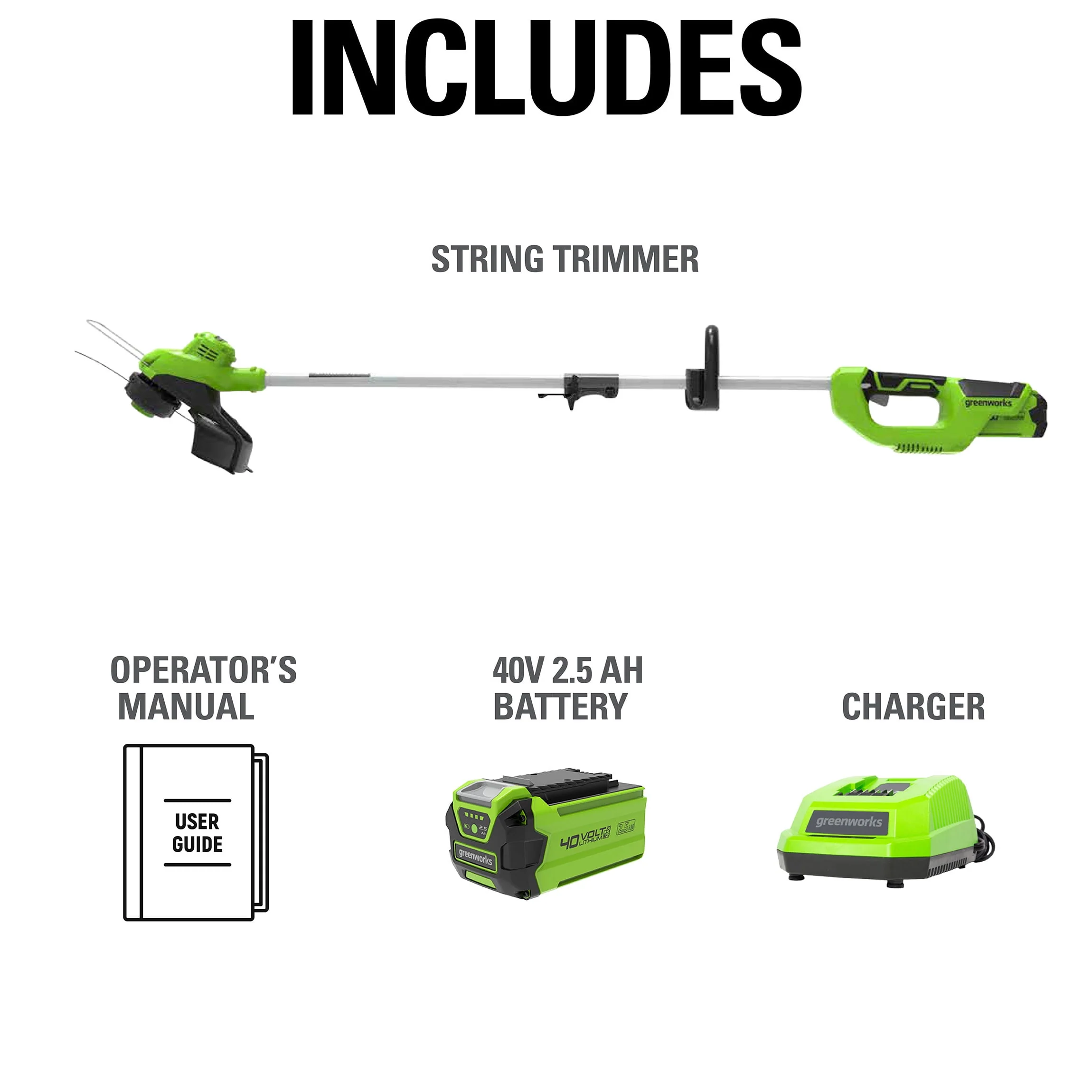 Greenworks 40V 15 Straight Shaft String Trimmer with 2.5 Ah Battery and Charger, 2111802