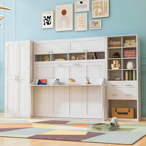 KLMM Wooden Murphy Bed Wall Bed with 2 Wardrobe and Storage Shelf,Foldable Platform Bedframe for Guest-Room Bedroom Study Office Use (White#E, Full)
