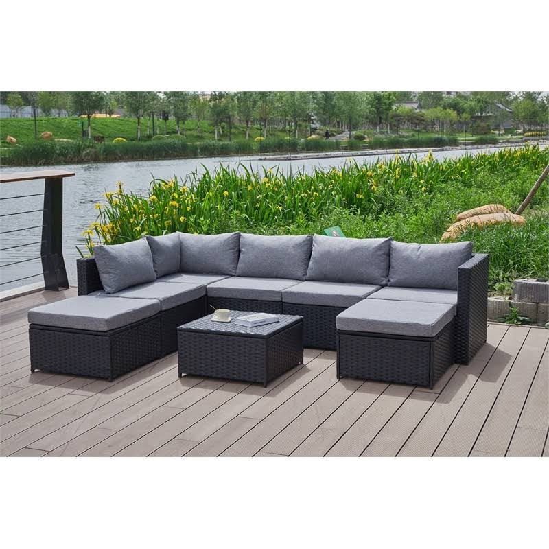 Kingway Furniture Beaufort Grey Wicker/Rattan Sectional with Storage Ottoman - W5008