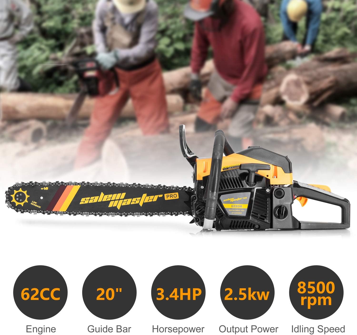 SALEM MASTER 6220H Chainsaw for Trees Gas Powered 62CC 2-Cycle Gas Chainsaw, 20-Inch Chainsaw, Handheld Cordless Petrol Gasoline Chain Saw for Farm, Garden and Ranch