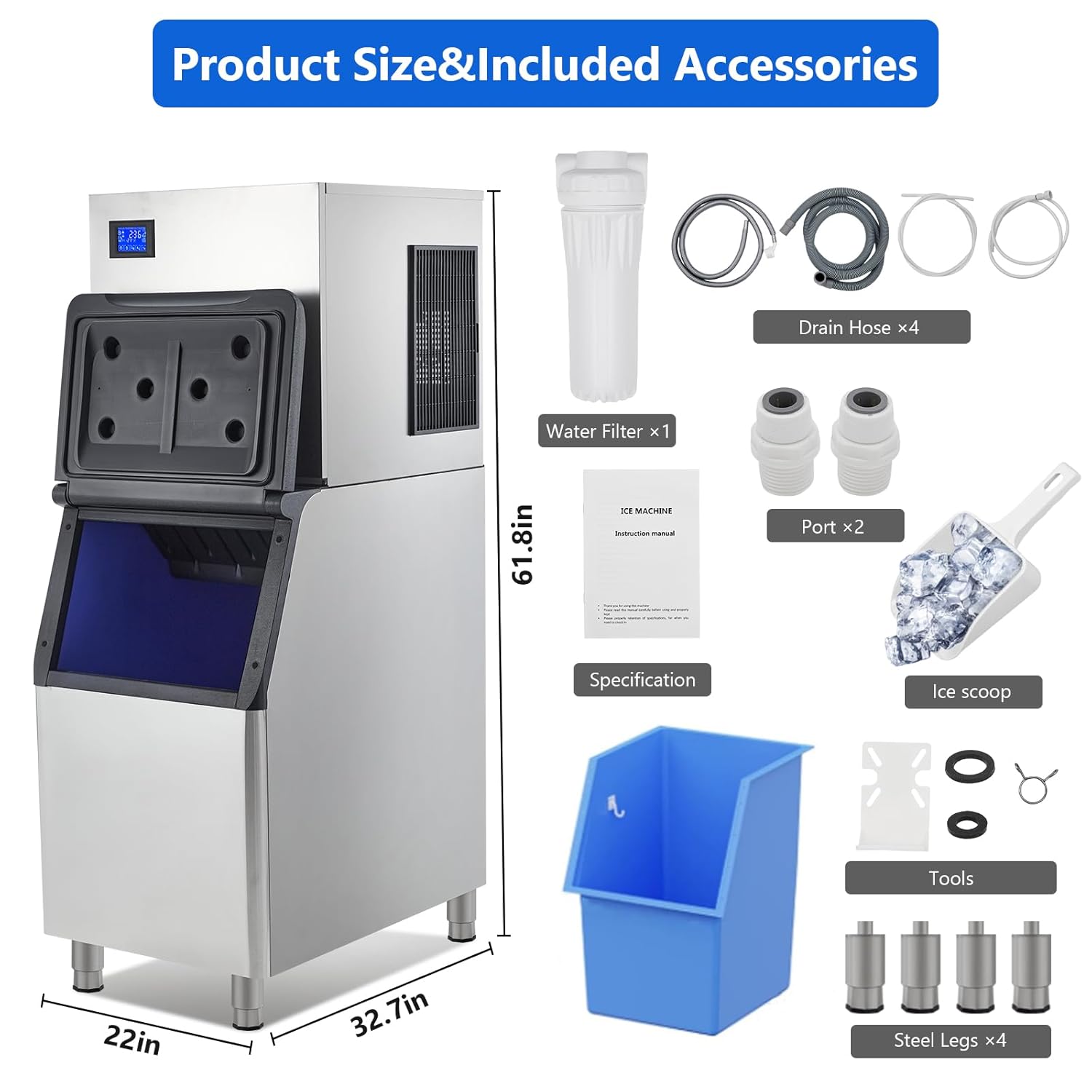 Commercial Ice Maker 350Lbs/24H, 1000W Stainless Steel Ice Machine with 310Lbs Ice Storage Bin, Free-Standing Ice Maker with LCD Panel Auto Operation, Industrial Ice Machine for Business