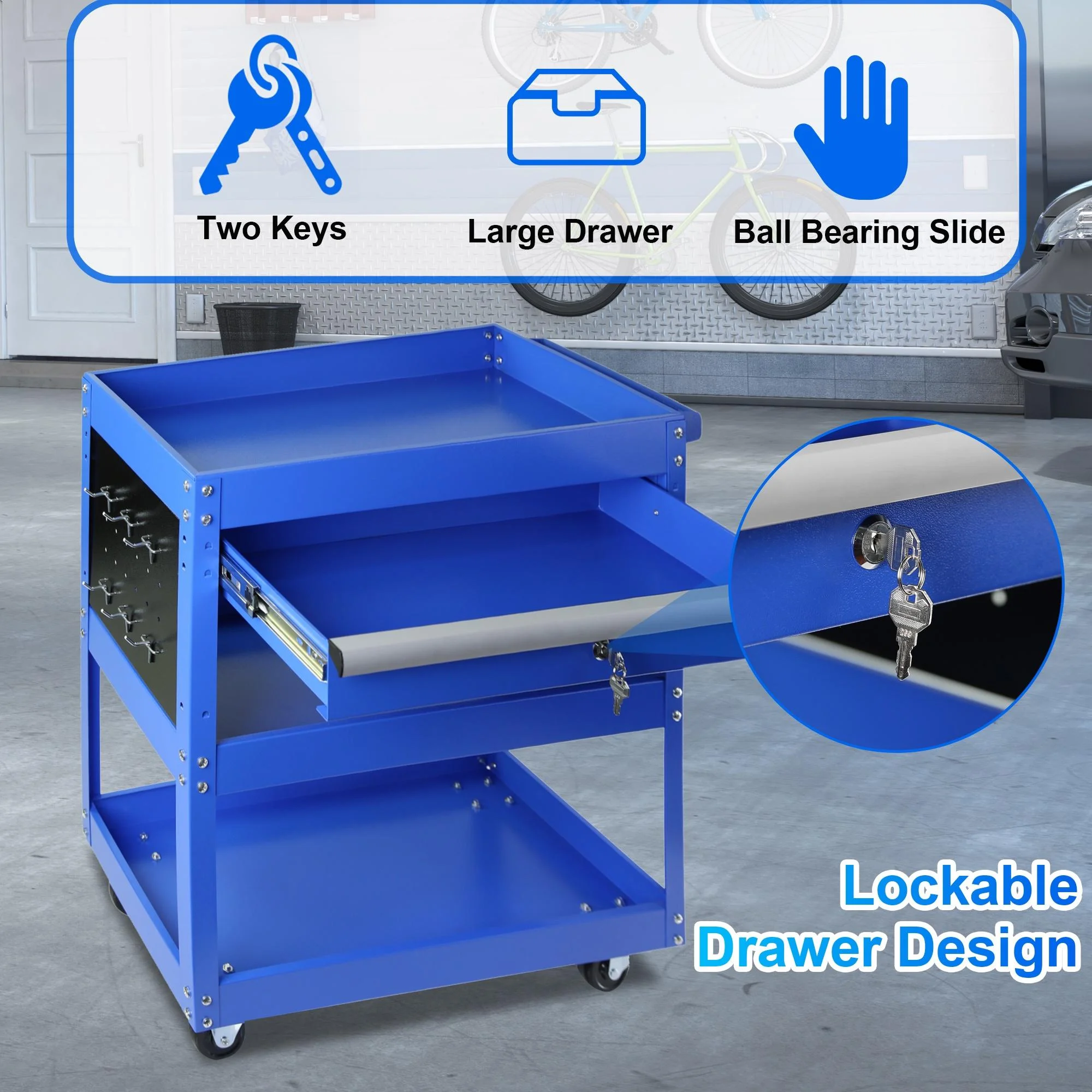 Rolling Tool Cart with Drawer, Seizeen Heavy Duty Utility Cart on Wheels, Garage Workshop Tool Organizer, 3 Tray, 1 Lockable Drawer, 6 Side Hooks