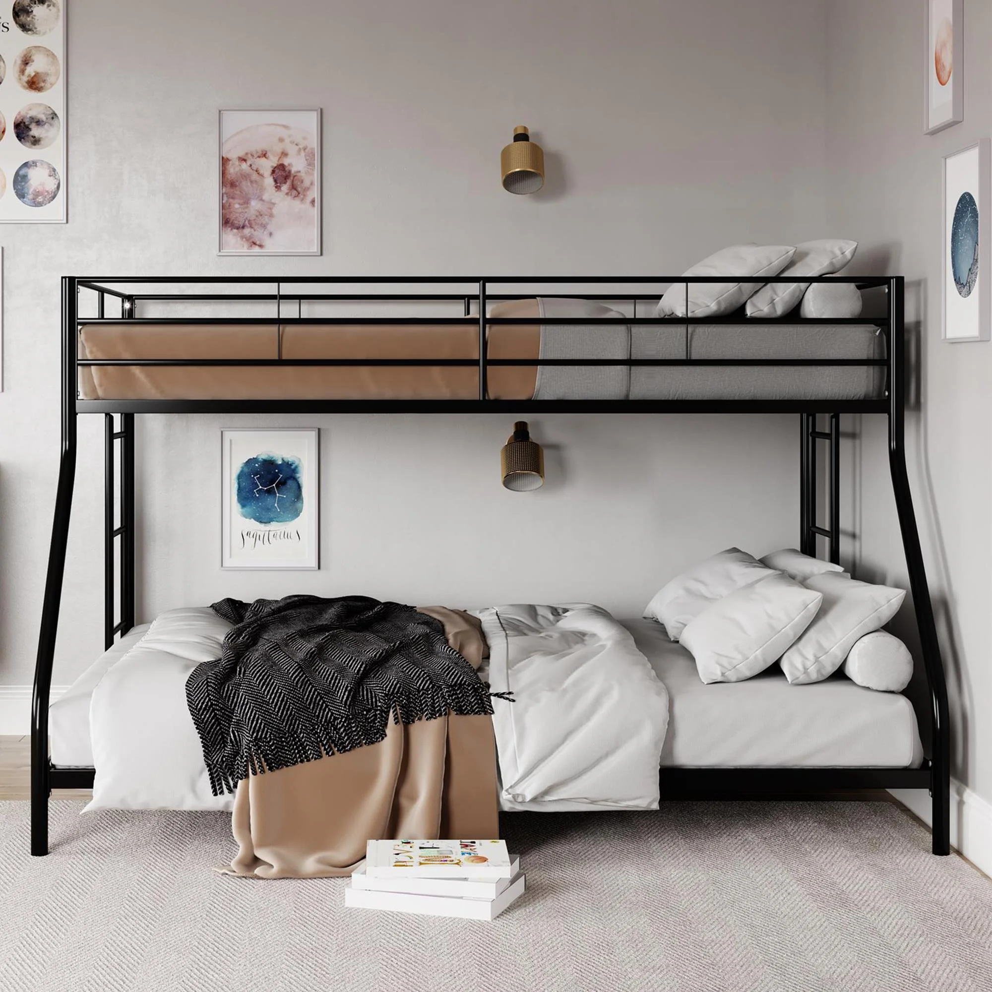 Mainstays Small Space Junior Twin over Full Low Profile Metal Bunk Bed, Black