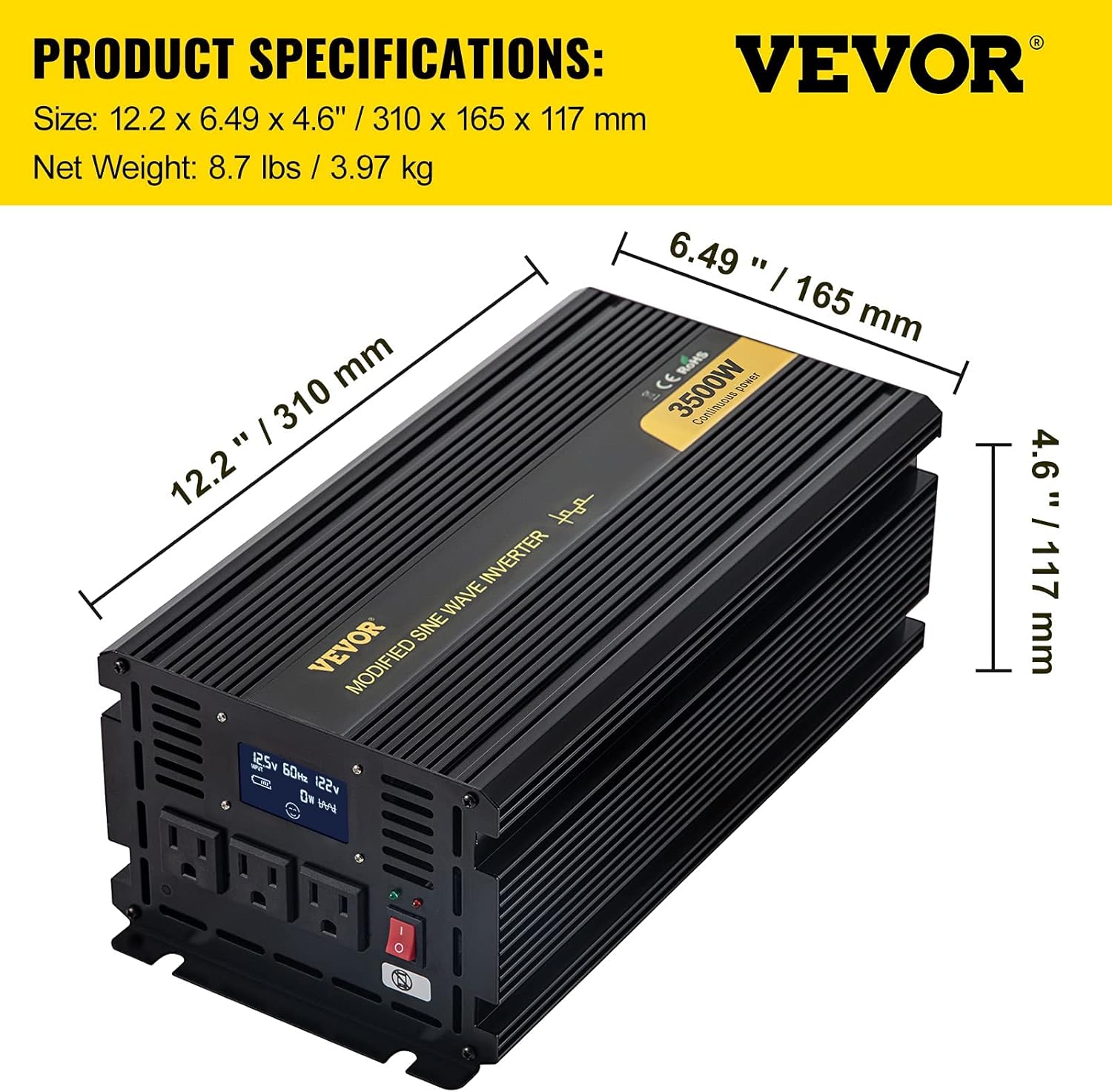 VEVOR Power Inverter, 3500W Modified Sine Wave Inverter, DC 12V to AC 120V Car Converter, with LCD Display, Remote Controller, LED Indicator, AC Outlets Inverter for Truck RV Car Boat Travel Camping
