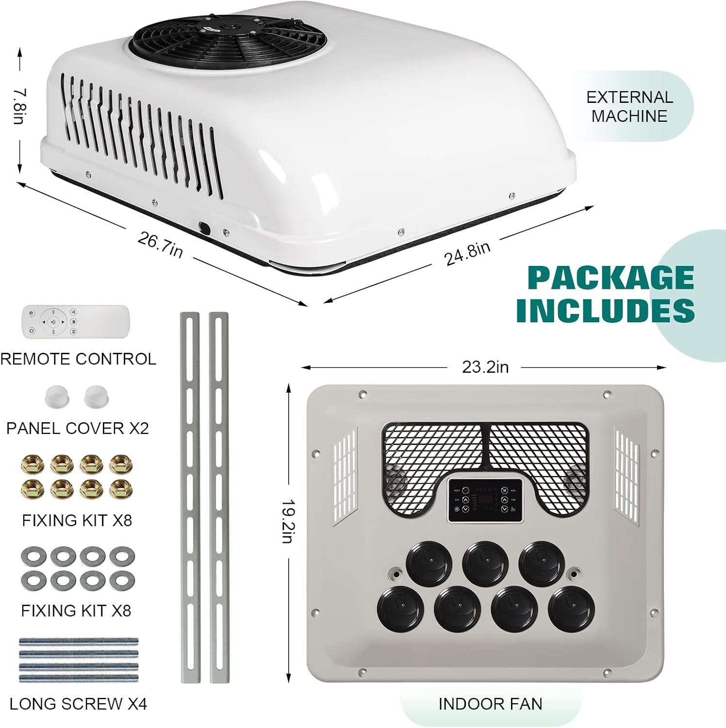 12V DC air conditioner，roof air conditioner are applicable to trucks, RVs, buses, excavators, campers, agricultural vehicles, etc. 12V air conditioner cold/hot function (12V)