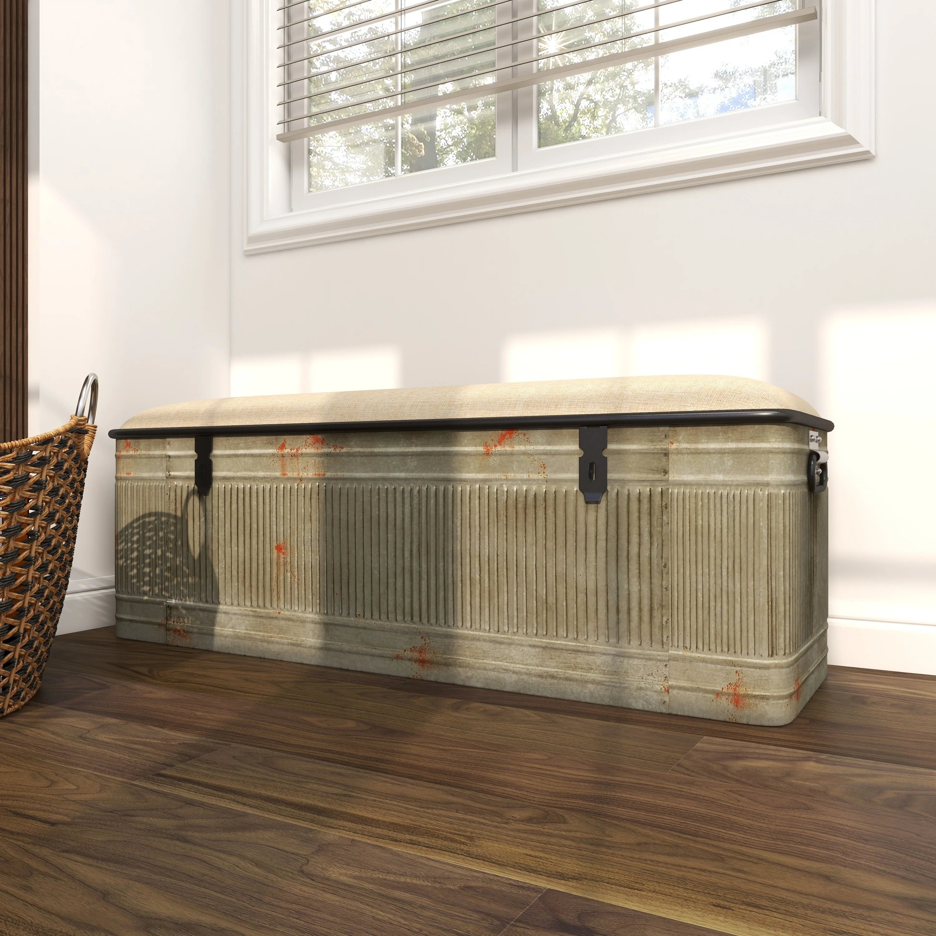 DecMode Metal Galvanized Storage Bench with Cream Burlap Top, Gray