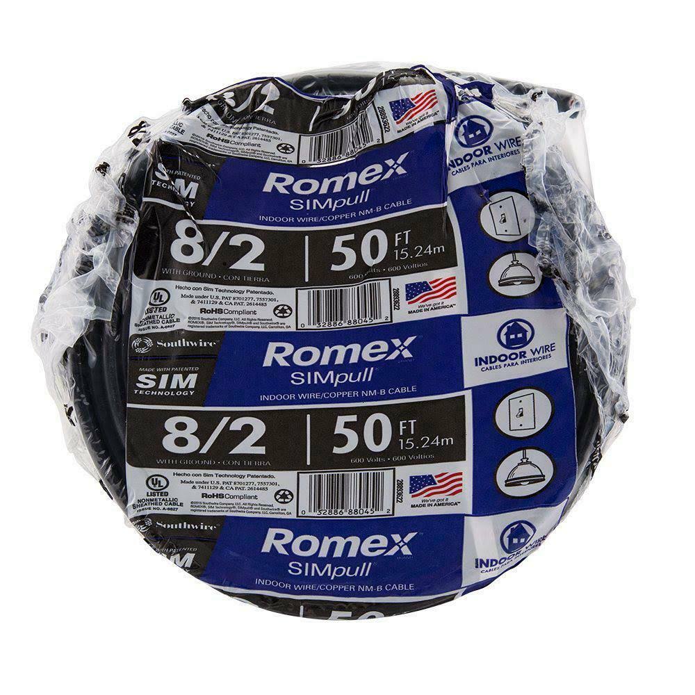 Southwire 50 ft. 8/2 Black Stranded Romex SIMpull Cu NM-B W/G Wire