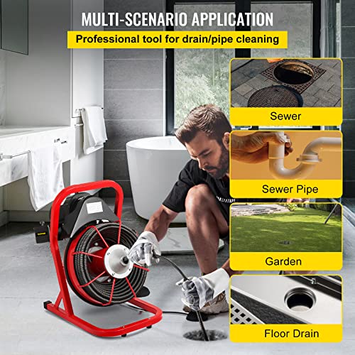 VEVOR Portable Sewer Snake Auger Cleaner with Cutters & Air-Activated Foot Switch for 1" to 4" Pipes, Black, Red