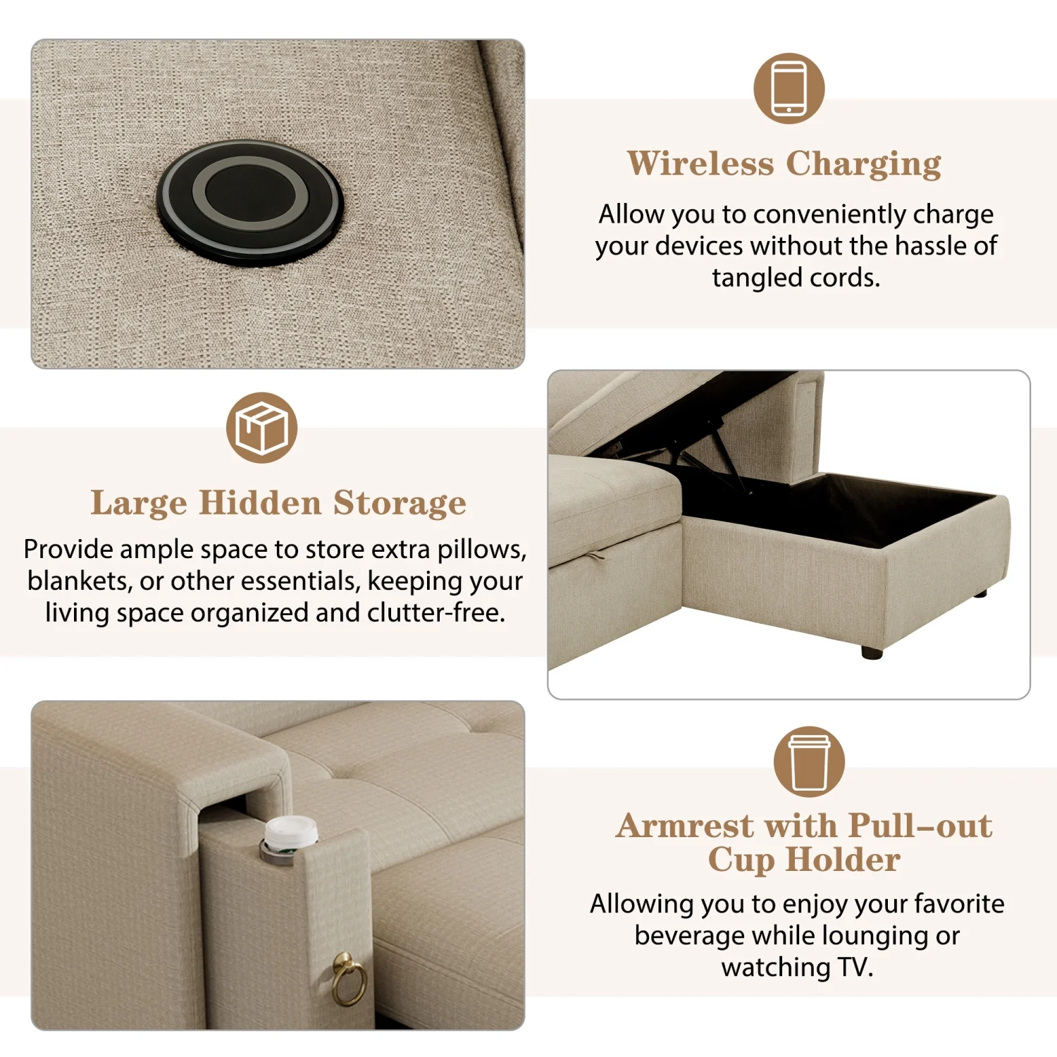 Churanty Pull Out Couch Bed with Storage and Cup Holder Sectional Sleeper Sofa with Wireless Charging L Shaped Couch with Adjustable Headrest Convertible Sofa Bed for Living Room,Beige - Curated Treasures Market