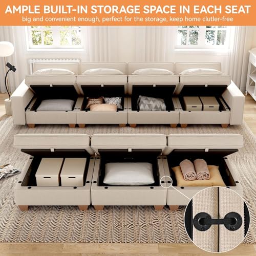 Modular Sectional Sofa, Convertible U Shaped Sofa Couch with Central Console & USB Ports, 7 Seat Modular Sectionals Couch with Chaise and Storage for Living Room, Light Grey