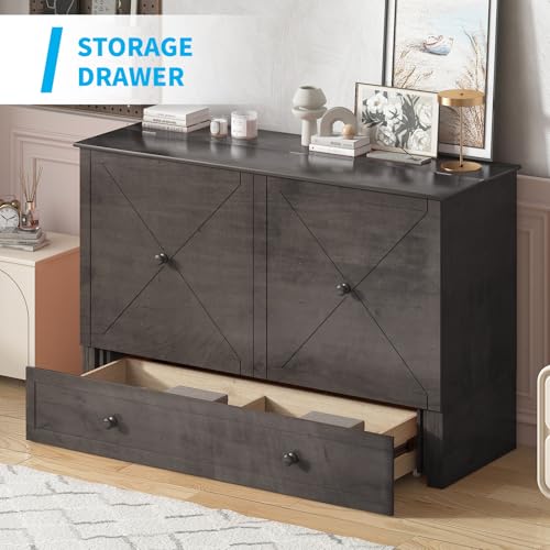 Mjkone Queen Size Murphy Bed with Tri-Folding Mattress, Charging Station, Modern Cabinet Bed with Drawers, Multifunctional Design Wall Murphy Beds for Living Room, Apartment (Cherry Pattern H)