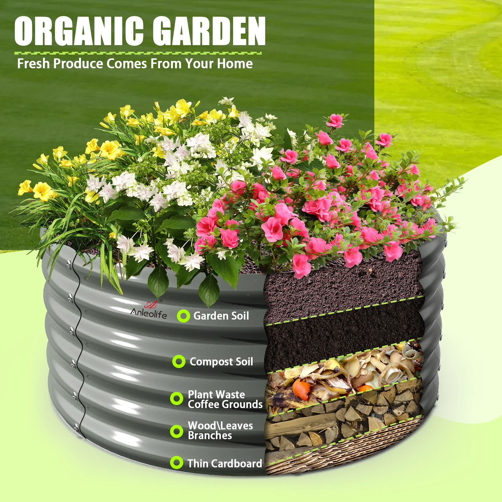 2 Pack-4Ft Round Galvanized Raised Garden Bed, 18” Tall Above Ground Modular Metal Planter Boxes Outdoor For Vegetables Flowers Herbs, Anti-Rust & Easy-Setup Quartz Grey - Curated Treasures Market
