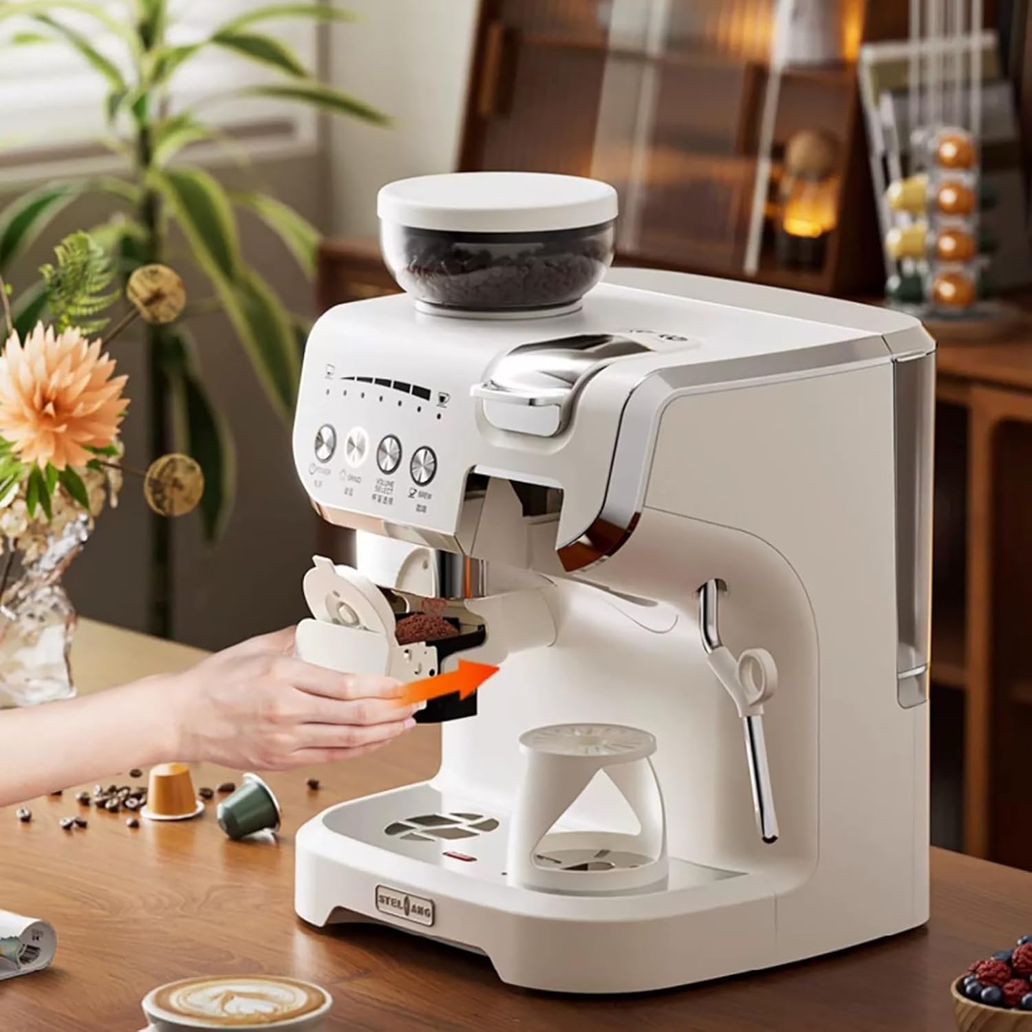 Espresso Machine 15 Bar, Coffee Maker With Steam Wand, Built-In Bean Grinder, Combo Machine with 2L Removable Water Tank