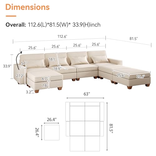 Modular Sectional Sofa, Convertible U Shaped Sofa Couch with Central Console & USB Ports, 7 Seat Modular Sectionals Couch with Chaise and Storage for Living Room, Light Grey