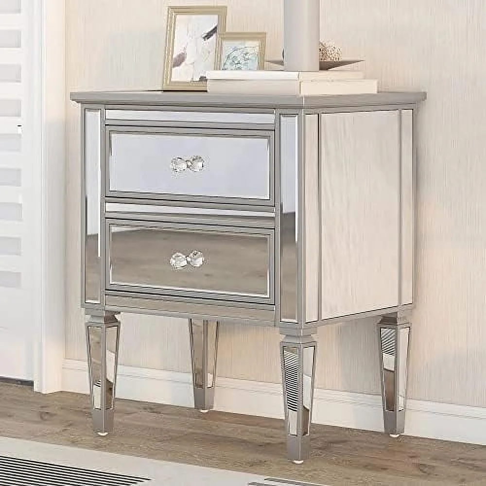 Mirrored Nightstand with 2 Drawers  Accent Side Table with Crystal Knobs  Modern End Table  Silver Finished Nightstand for Bedroom  Living Room