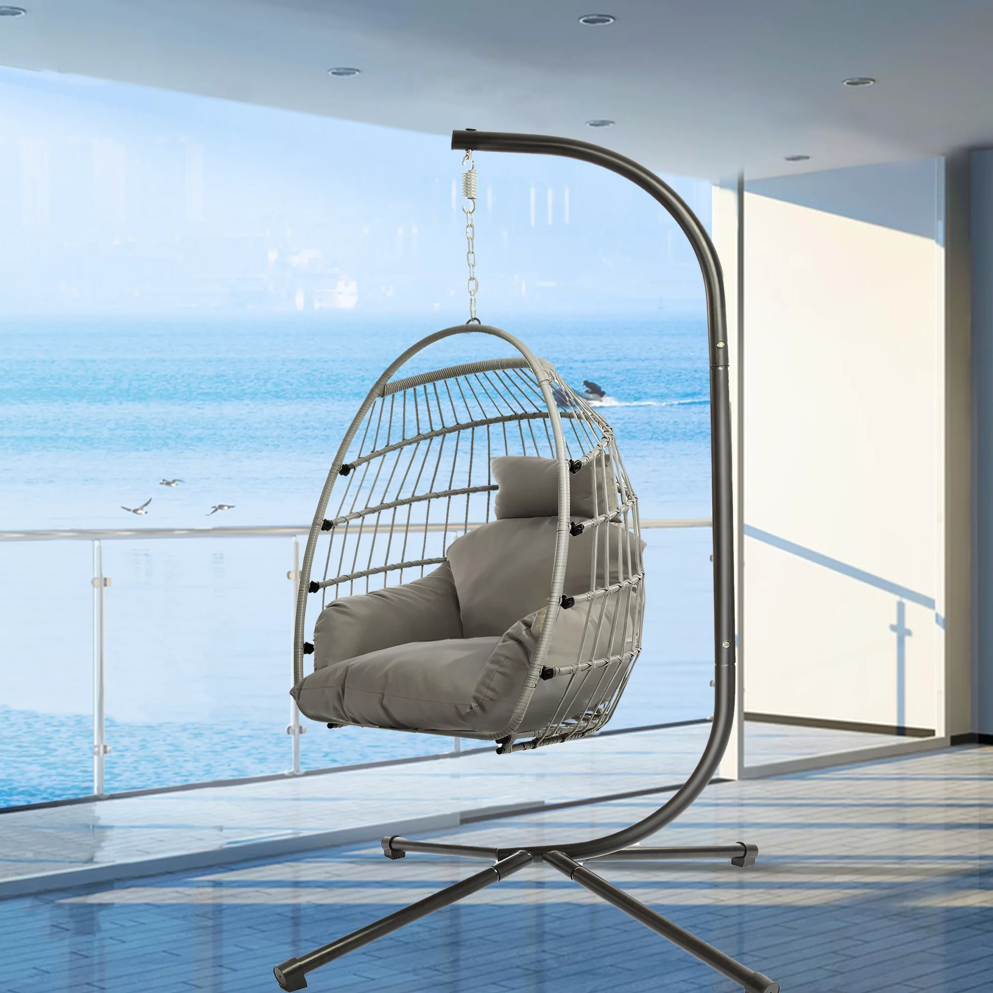 LHBcraft Swing chair clearance indoor Home Outdoor Egg Swing Chair, Patio Hanging Wicker basket stand with Soft Cushion UV Resistant 350LBS Capacity for Patio Backyard