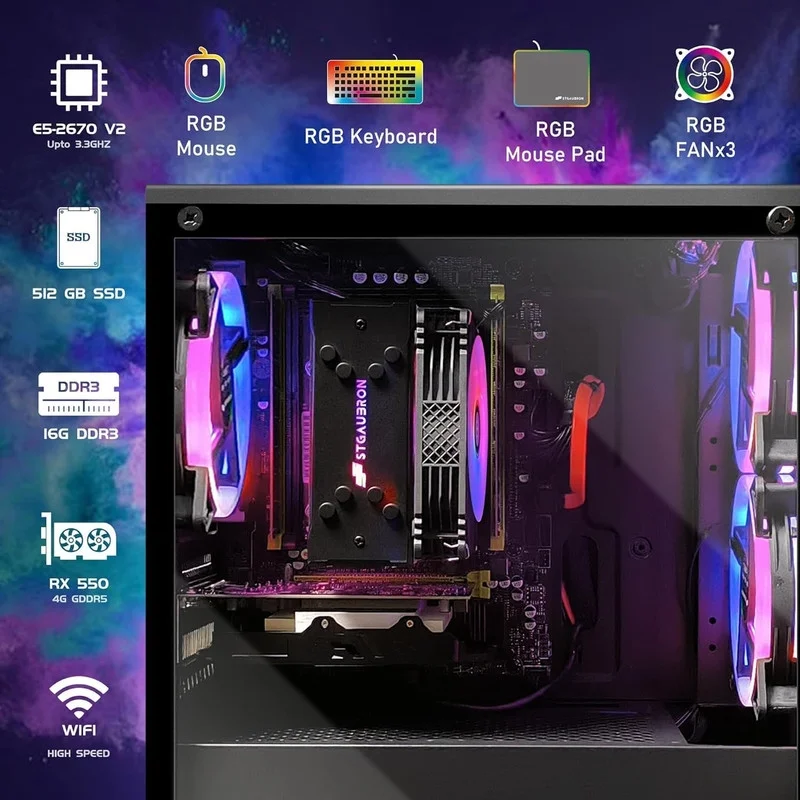 STGAubron Gaming Desktop PC, Intel Xeon E5 2.5G up to 3.3G, 16G RAM, 512G SSD, Radeon RX 550 4G GDDR5, 600M WiFi, BT 5.0, RGB Fan x 3, RGB Keyboard & Mouse & Mouse Pad, W10H64