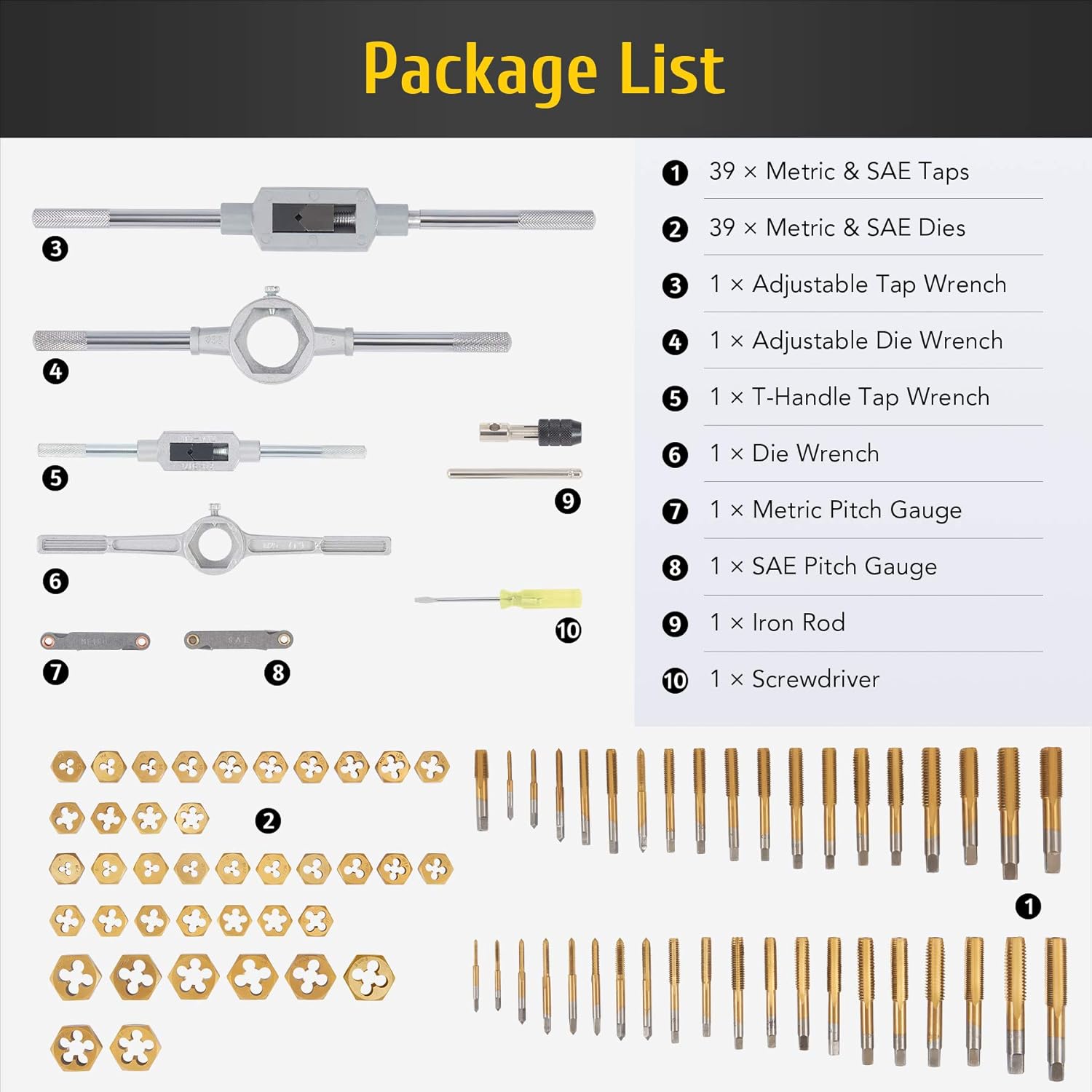 ORION MOTOR TECH 86pc Tap and Hex Die Set in SAE and Metric | Titanium Coated Steel Tap Set and Die Tool Set for Homeowners Mechanics Metric Standard Internal External Threading(Iron Case)