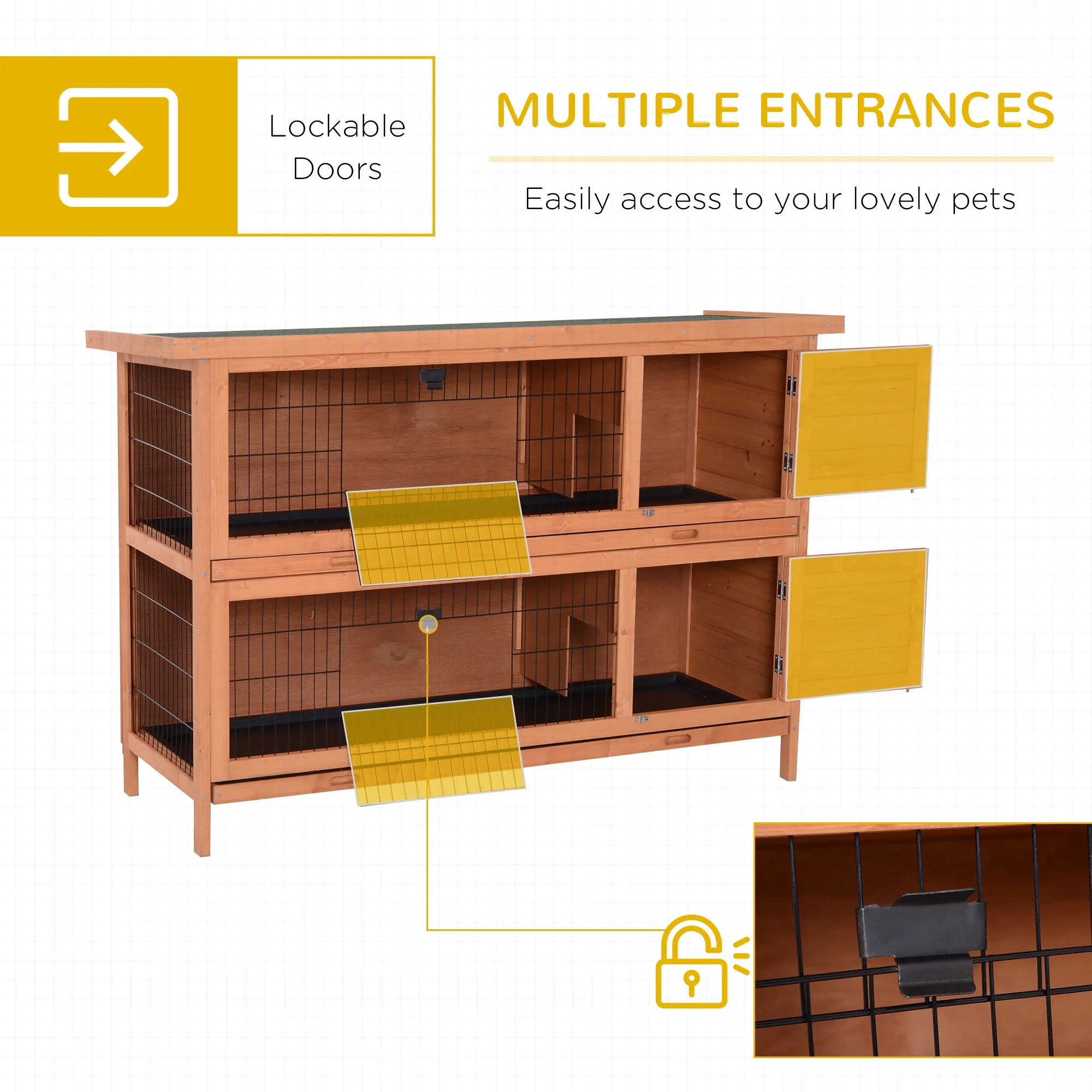 Pawhut 54" 2-Floor Large Rabbit Hutch Wooden Pet House Bunny Cage Small Animal Habitat with Lockable Doors Run Asphalt Roof for Outdoor Use Gray - Curated Treasures Market