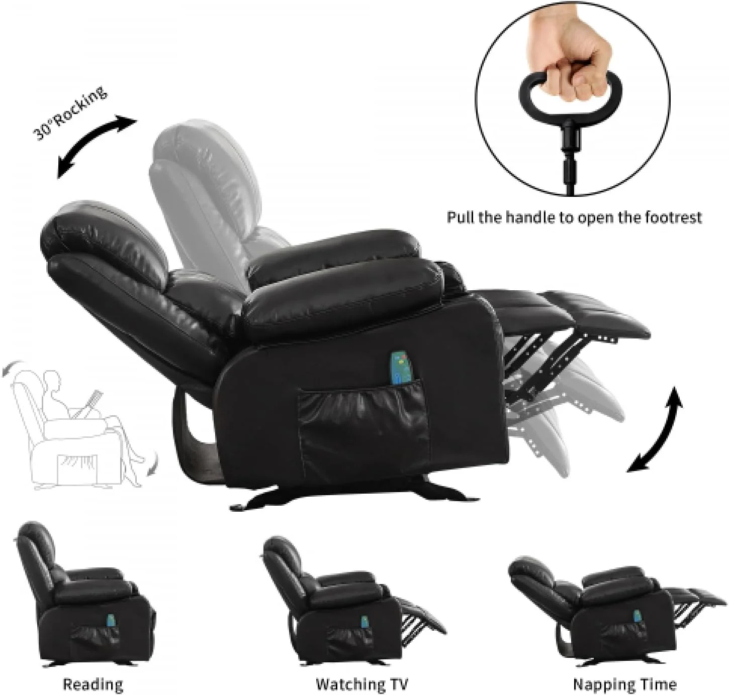 Oversized Power Rocker Recliner with Heat and Massage, Leather Recliner Chairs for Adults, Ergonomic Single Sofa Chair with Cup Holders, Side Pockets and USB, for Living Room/Office (Black)