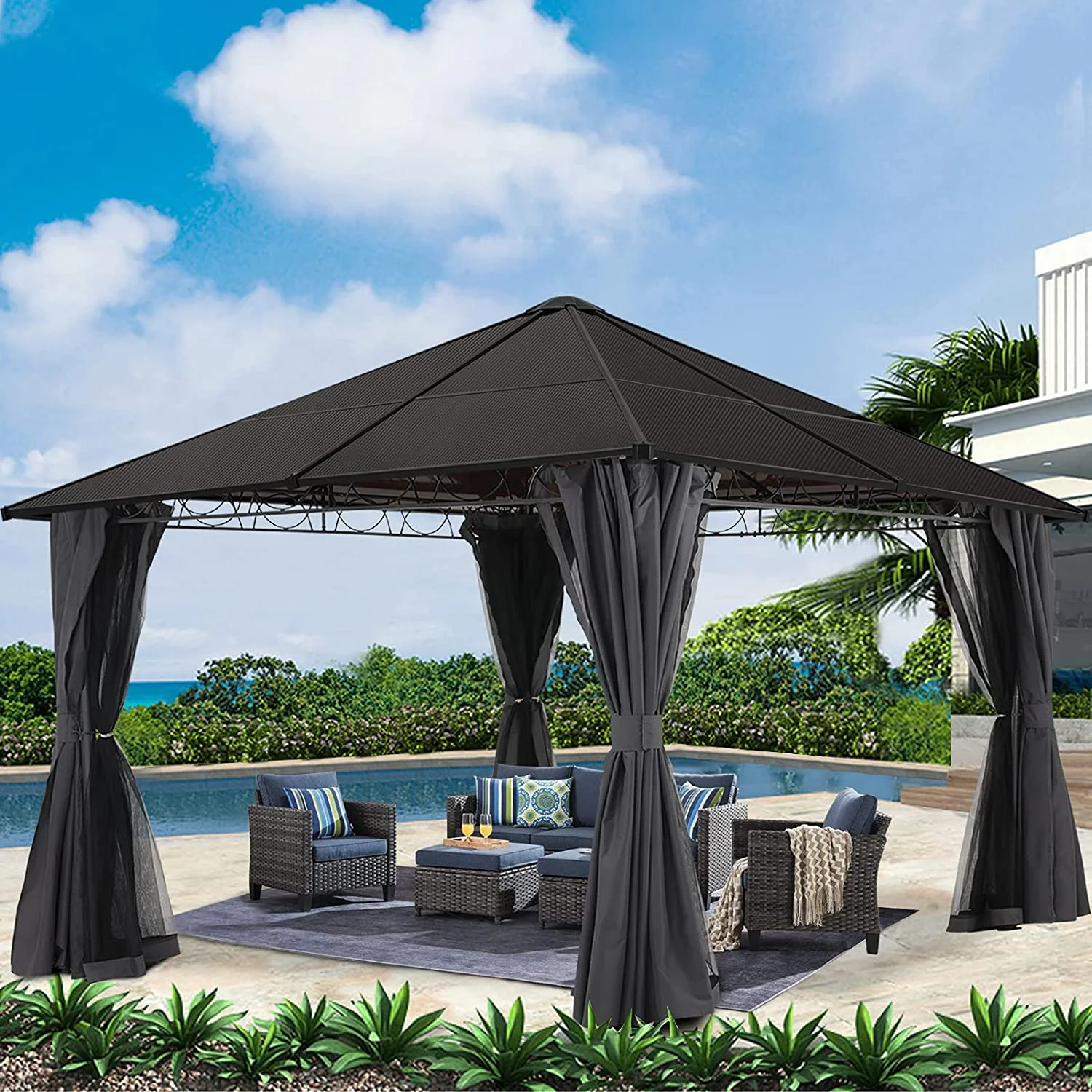 ABCCANOPY 10x10 Hardtop Patio Gazebo with Netting and Screen Walls Curtains,DarkGray