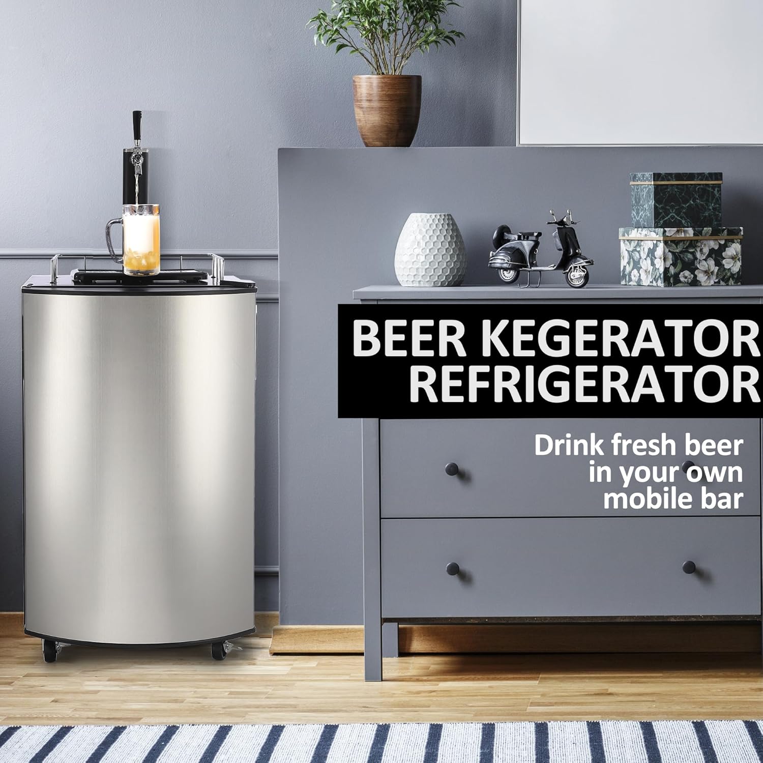 Beer Kegerator, Single Tap Draft Beer Dispenser, Full Size Keg Refrigerator With Shelves, Stainless Steel, Drip Tray & Rail,silver