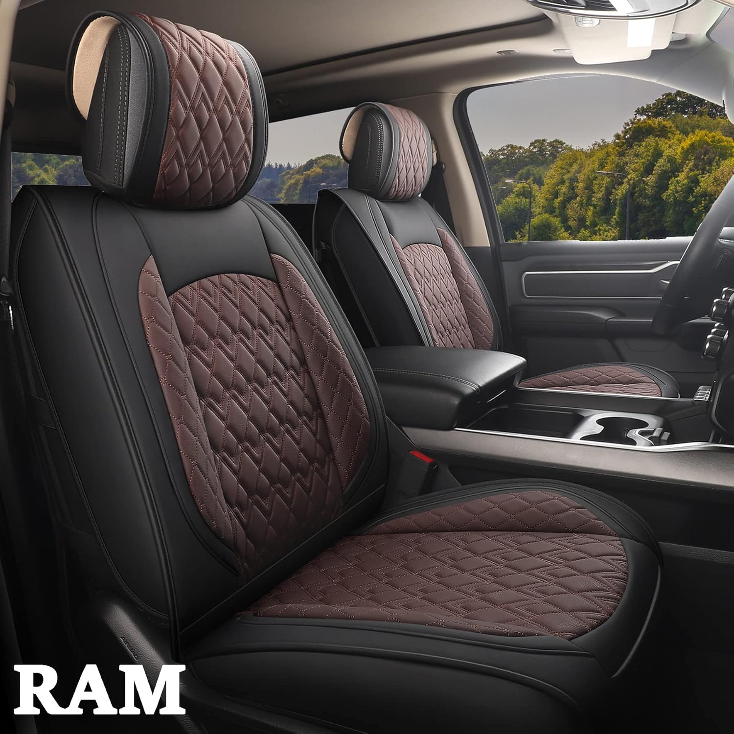 JOJOBAY Car Seat Covers for Dodge Ram 2 Pcs Front,Fit Ram 2009-2022 1500/2500/3500 Pick-up Truck,Crew,Regular,Quad,Mega Cab,Waterproof Synthetic Leather Seat Covers Protectors（2 PCS Front,Black-Grey）