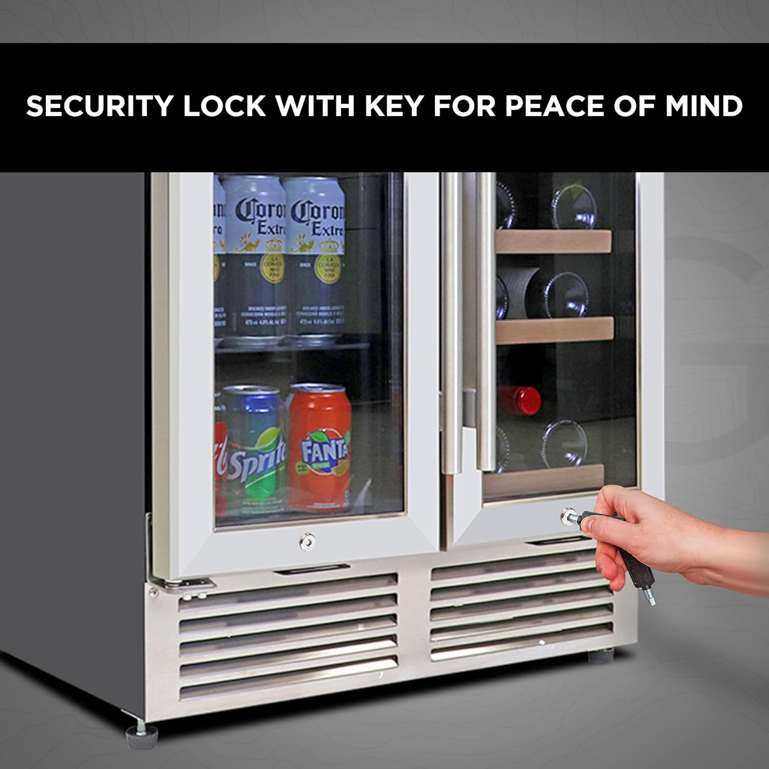 Koolatron 24 In Built-In Under-Counter Dual Zone French Door Wine and Beverage Fridge w/lock, 56 Can and 18 Bottle Capacity, Digital Temperature Control, Stainless Steel Door Frame Wine Cooler