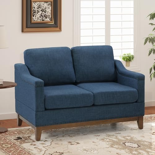 Classic 3-Seater Upholstered Sofa with Nailhead Trim, High-Density Foam Cushions & Sturdy Solid Wood Legs, Soft Fabric Couch for Living Room, Beige